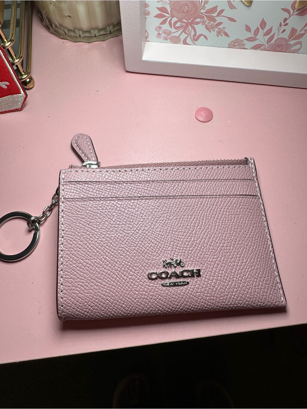 Coach Pink Leather Card Case with Keyring never used